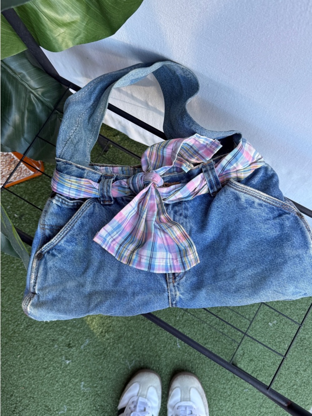 Handmade Reworked Jeans Shoulder Bag with Pastel Plaid Scarf Spring Accent